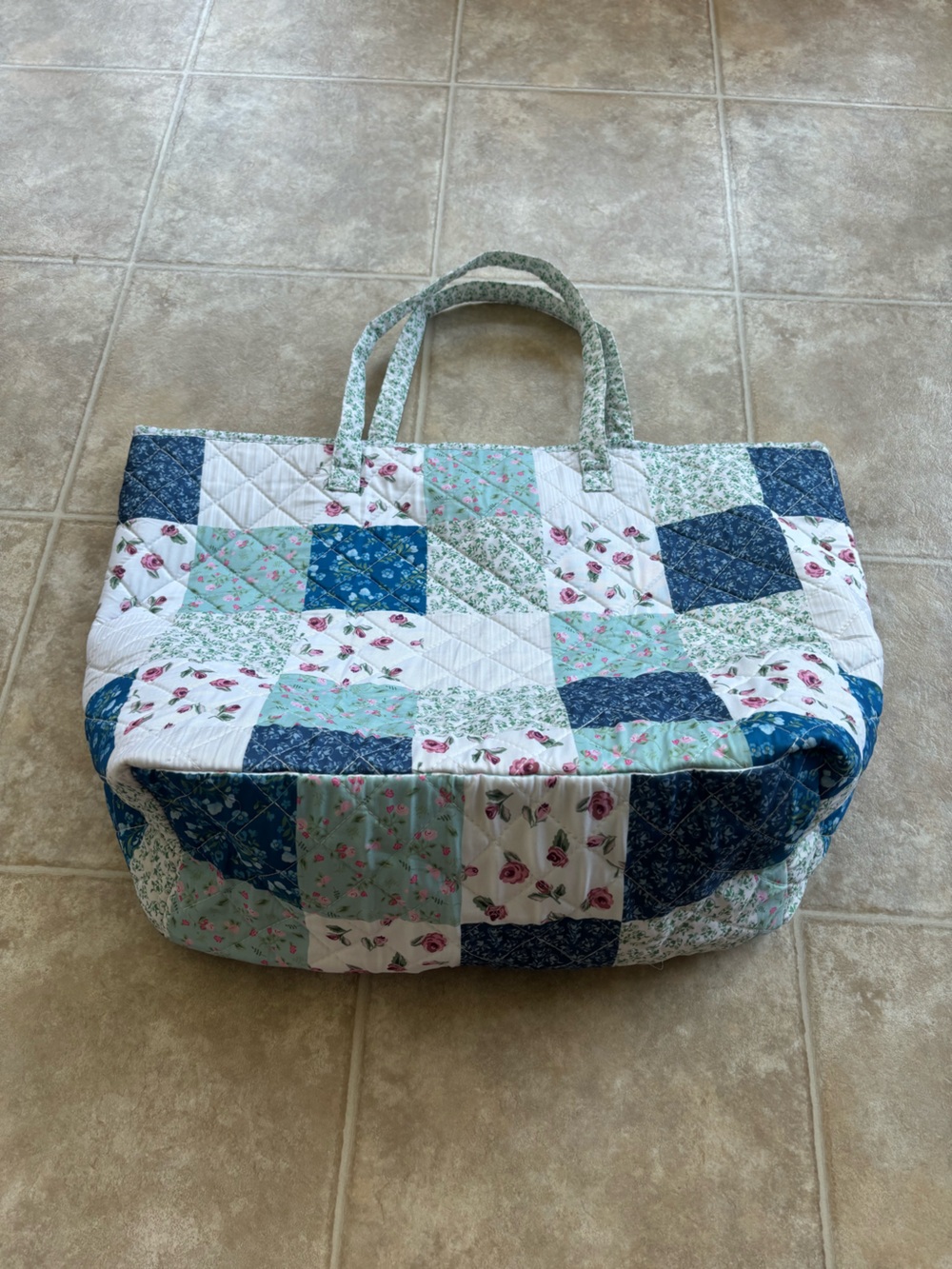 Patchwork Quilted Tote Bag in Blue, Green & White